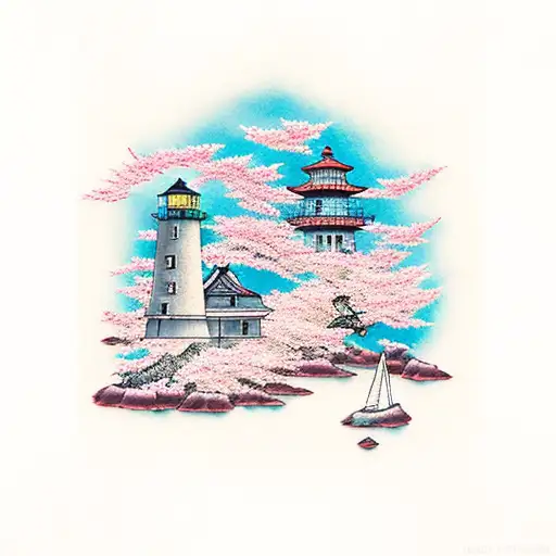 Lighthouse With Cherry Blossom
