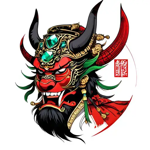Samurai With Oni Mask And Emeralds