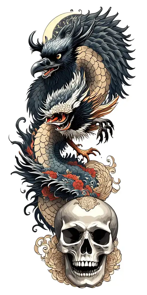 Chinese Dragon And Phoenix And Skull And Moon And Raven