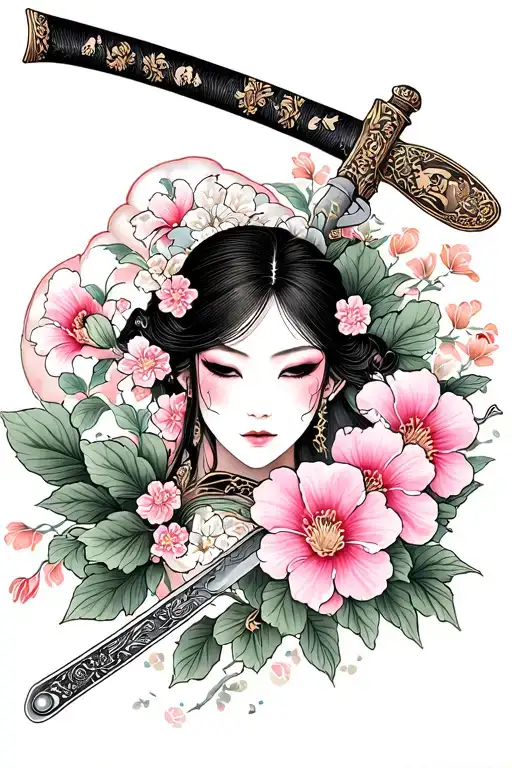 Sakuras Face Along With Serezo Flowers On A Sword