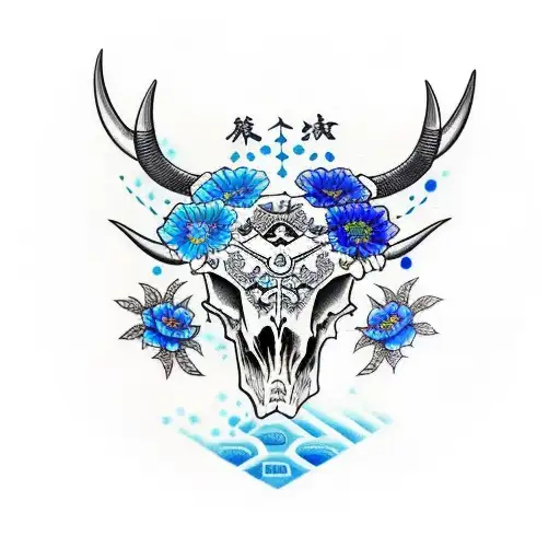 Bull Skull With Blue Flowers