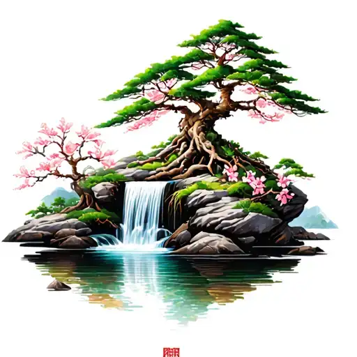 Blossom Bonzai Tree Growing Out Of A Rock With A Waterfall Flowing Below It