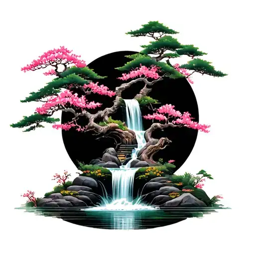 Blossom Bonzai Tree With A Waterfall Flowing Below It