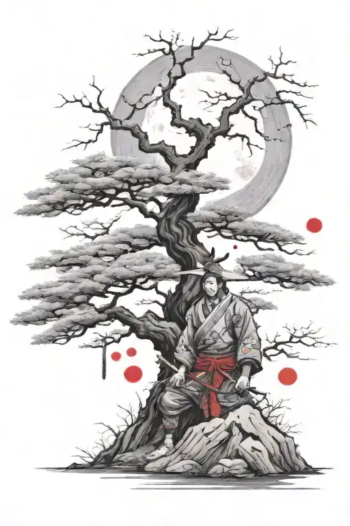 Samurai Under A Tree With A Blood Moon