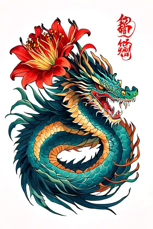 Dragon Flying Trough Red Spider Lily