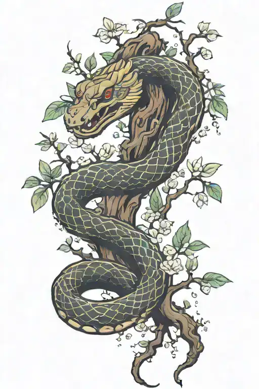 A Stylized Snake Coiling Around A Tree Branch On The Calf