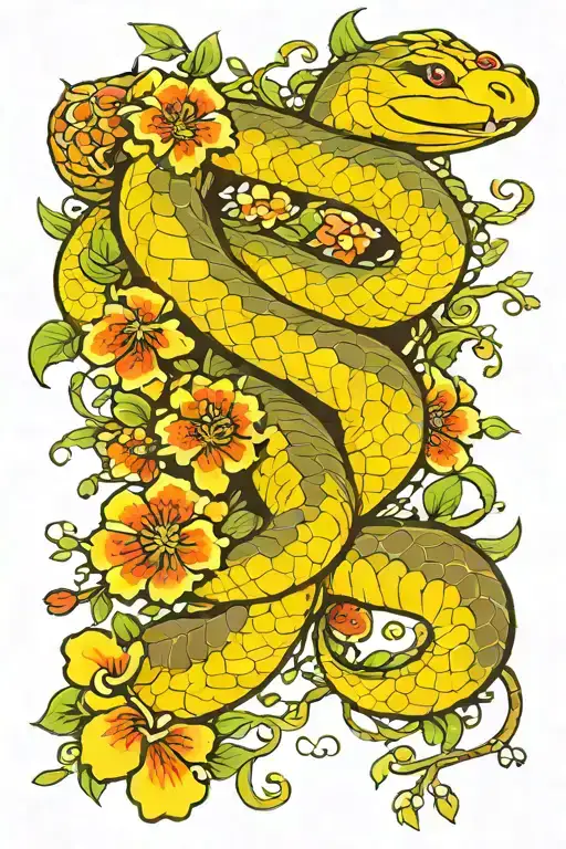 A Stylized Snake Coiling Around A Branch On The Calf With Flowers