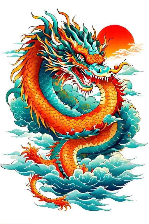 Chinese Dragon And Clouds And Sun And Water