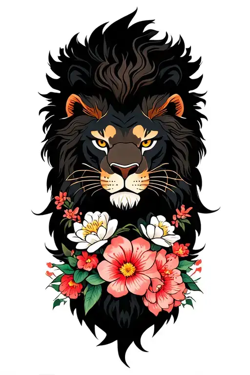 Fierce Asian Lion Surrounded By Flowers