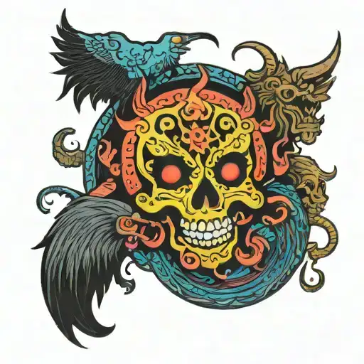 A Psychedelic Mandala Incorporating Demons And Skulls