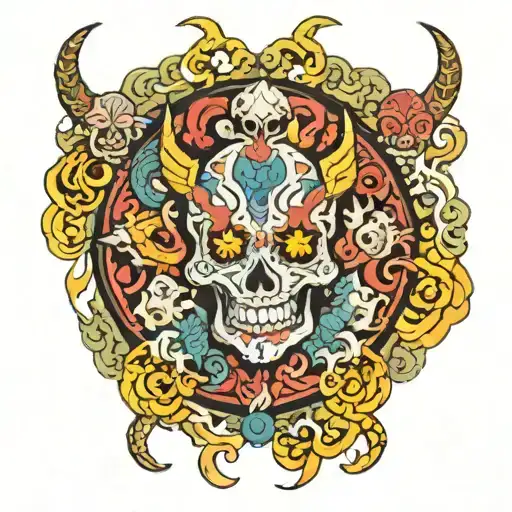 A Psychedelic Mandala Incorporating Demons And Skulls