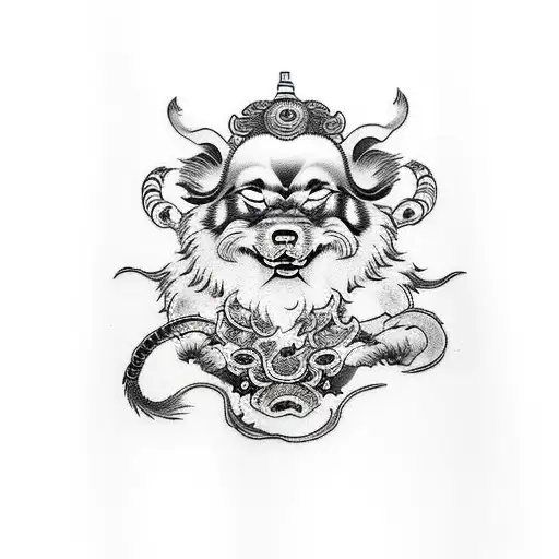 Full Oriental Japanese Leg Sleeve Of Fu Dog On Calf And Monkey King On Outer Thigh