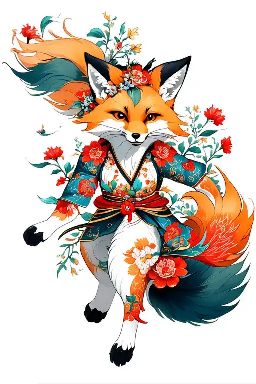 A Running Kitsune Fox With Two Tails Fluttering Behind Her In Flowers