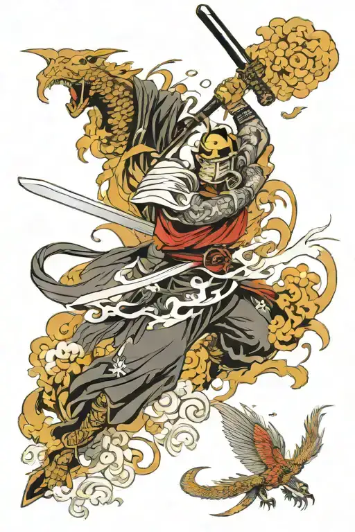 Katana Sword And Angel Man Fly Up To Dragon's
