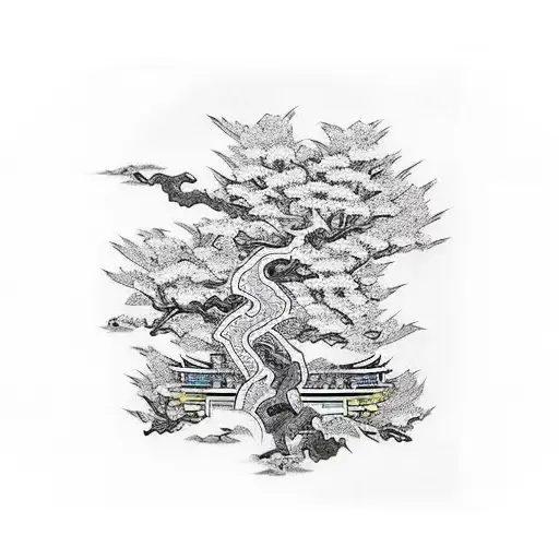 Asia Inspired Full Sleeve Samurai Geisha Asian Architecture Cherry Blossom Tree