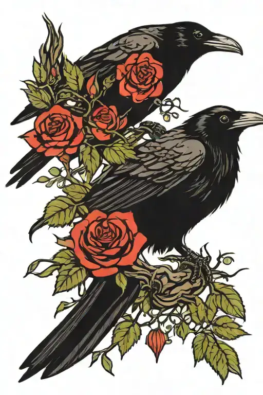 Raven Perched With Roses Red