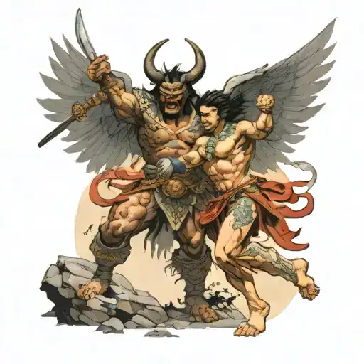 Frank Frazetta Styled Warrior Angel Fighting A Demon