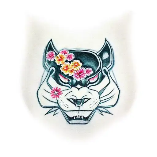 Hannya Mask And A Black Panther With Flowers Adapted For Arm