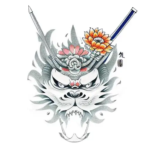 Oni Mascara Rota Con Flores Y Una Katana Atravesada
