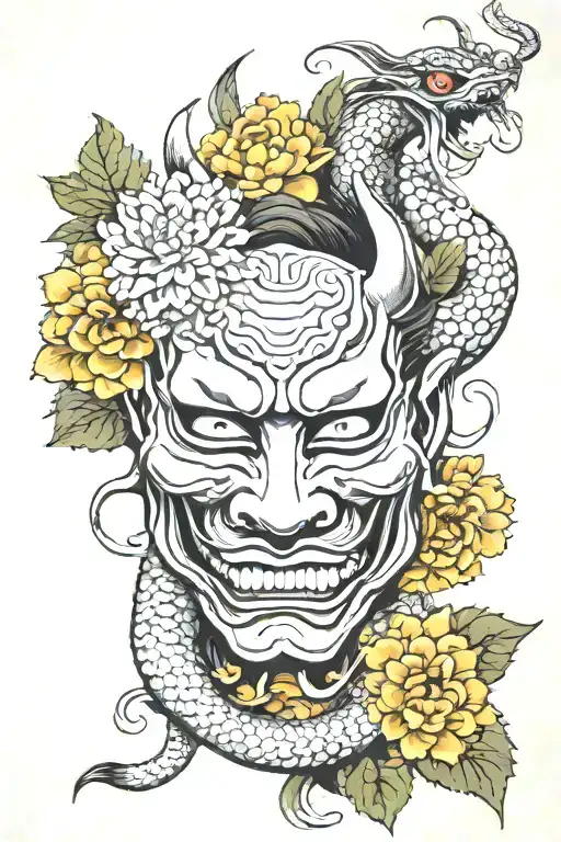 Hannya Mask With Snake Behind And Chrysanthemum Leaves Tattoo Sketch