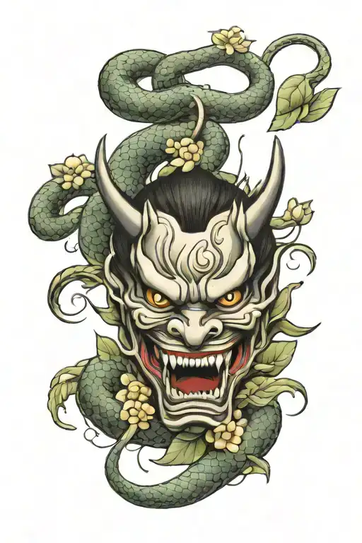 Hannya Mask With Fangs With A Snake Behind And Chrysanthemum Leaves Tattoo Sketch