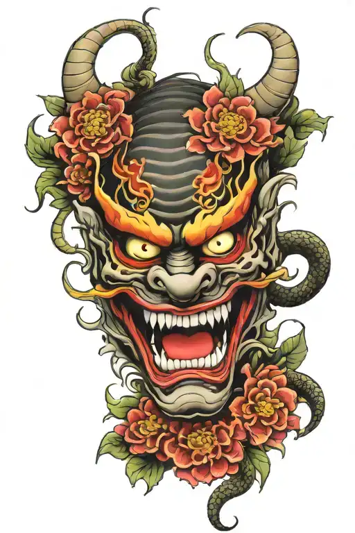 Hannya Mask With Big Fangs With A Snake Behind And Chrysanthemum Leaves Tattoo Sketch