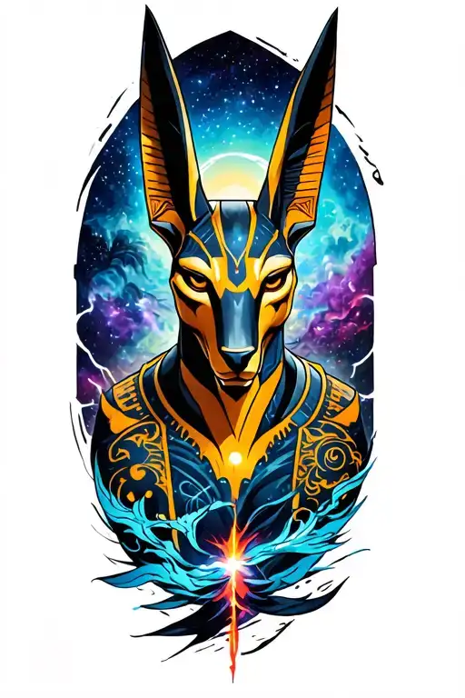 Galaxy Landscape With Technology Tattoo Featuring God Anubis