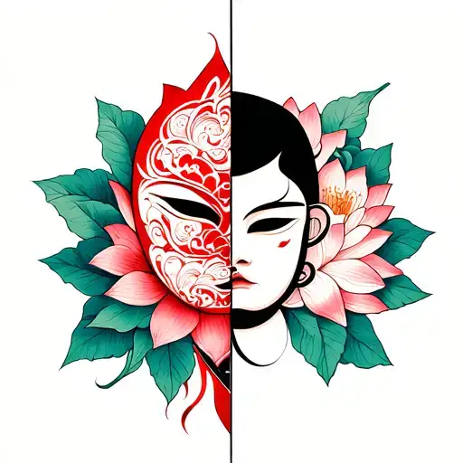 Half Hanya Mask Split By Kunai And Lotus Flowers Intertwined