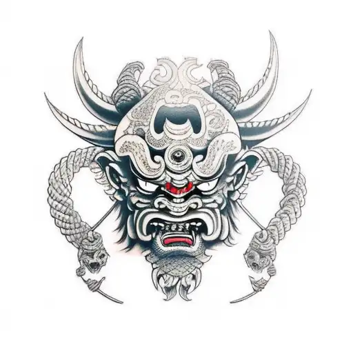 Oni Warrior Mask Neck Tattoo With Ropes