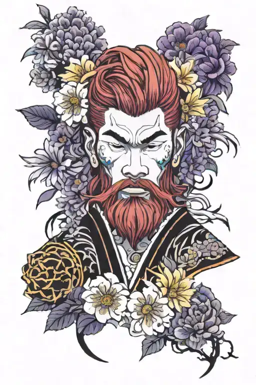 Red Haired Warrior Holding Severed Heads Surrounded By Purple And Yellow Flowers