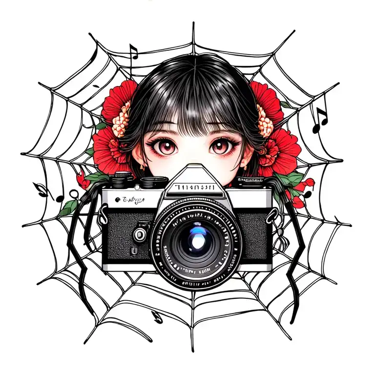 Camera And Spider Web With Girl Eye Surrounded My Music