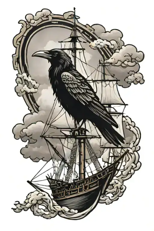 Raven Standing Atop The Mast Of The Jolly Roger Ship Amidst The Ocean With Clouds Behind The Sails