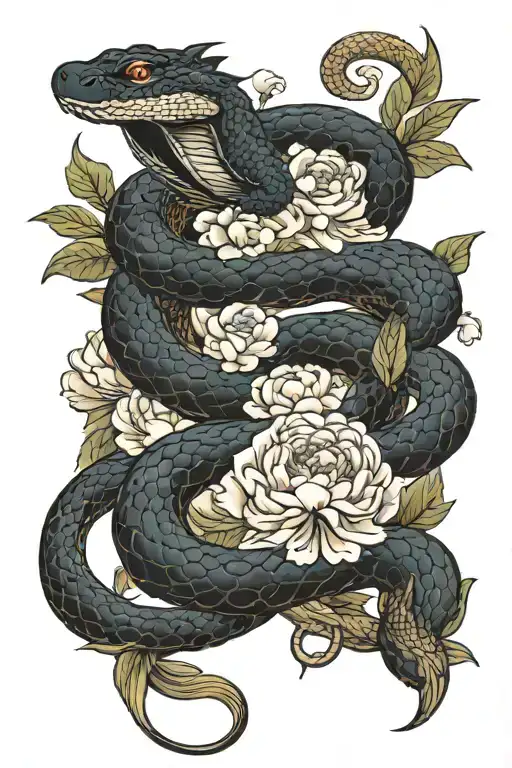 Snake With Background And Peony Flowers