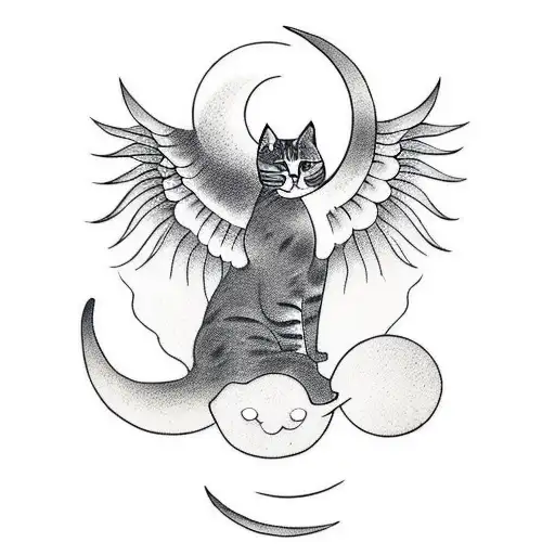 Cat With Moon Behind And Wings