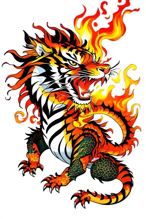 Tiger And A Dragon Breathing Fire Dragon