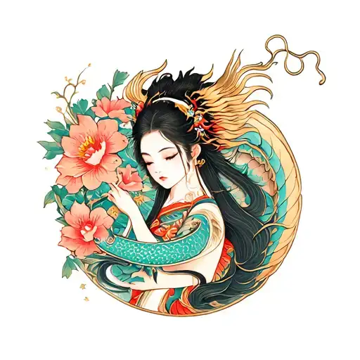 Dragon And Flowers And Girl