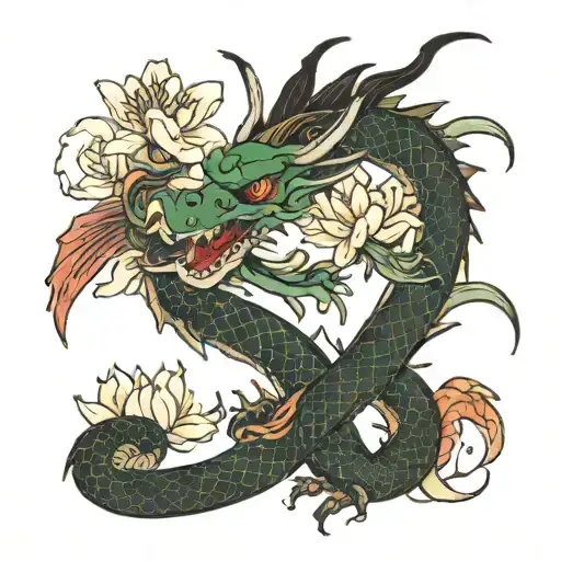 Dragon With Koi Fish And Spider Lily