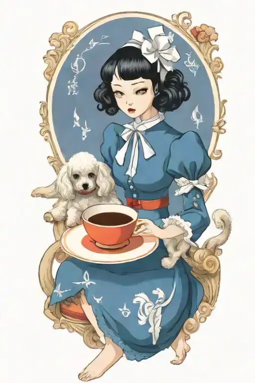 Alice In Wonderland Reading A Book With A Cup Of Coffee And A Poodle Dog