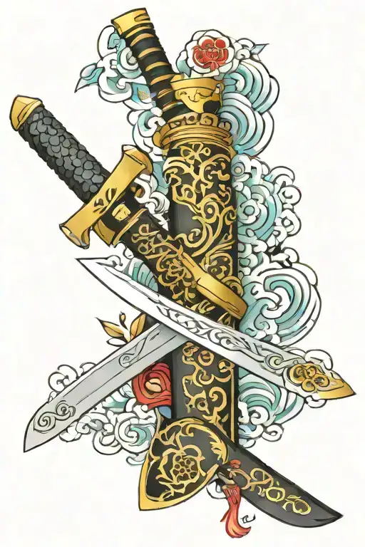Traditional Japanese Katana Swords With Gold And Jewels Tattoo Design Idea