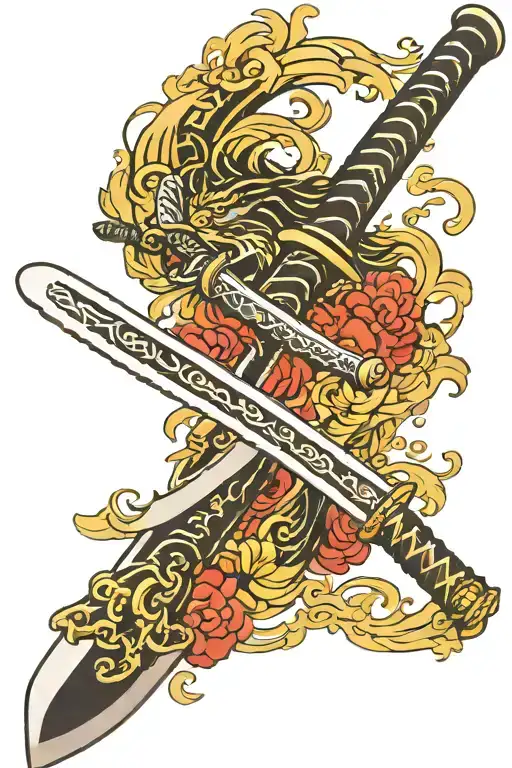 Traditional Japanese Katana Swords With Gold And Jewels In Background Tattoo Design Idea