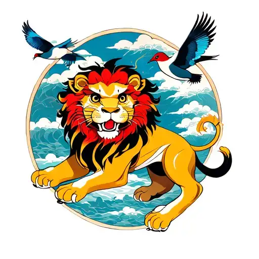 Lion And Birds Flying