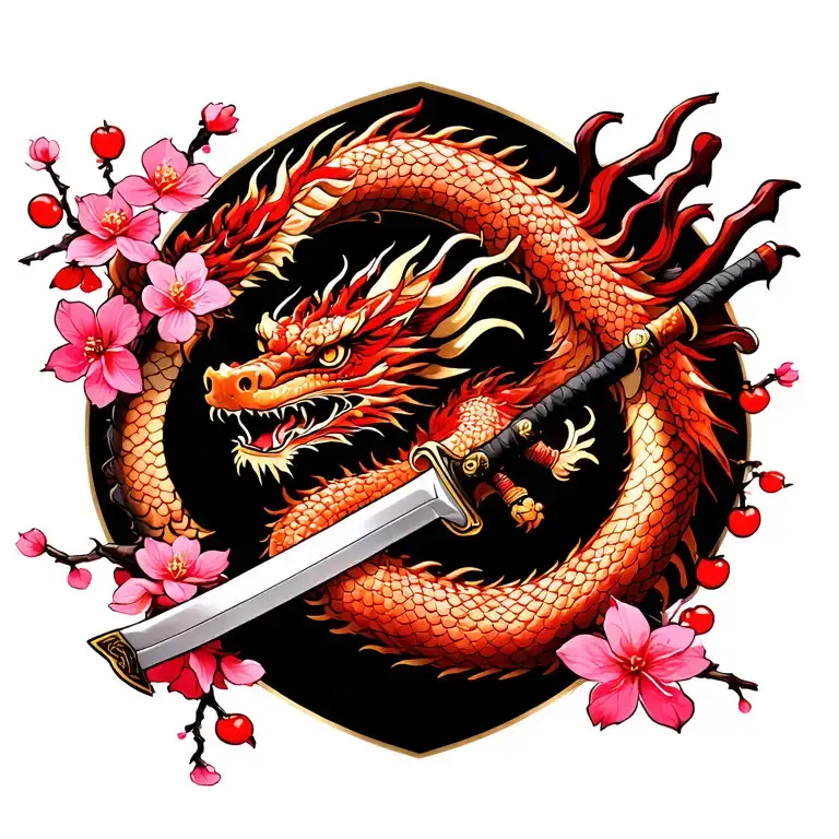 Dragon Around A Samurai Sword With Red And Pink Cherry Blossoms