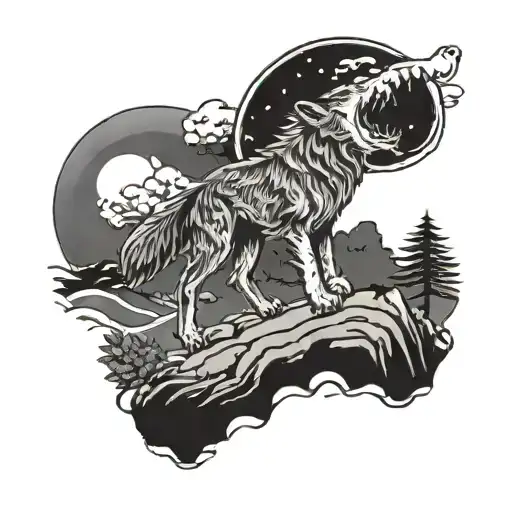 A Wolf Howling At The Moon In A Traditional Japanese Woodblock Print Style