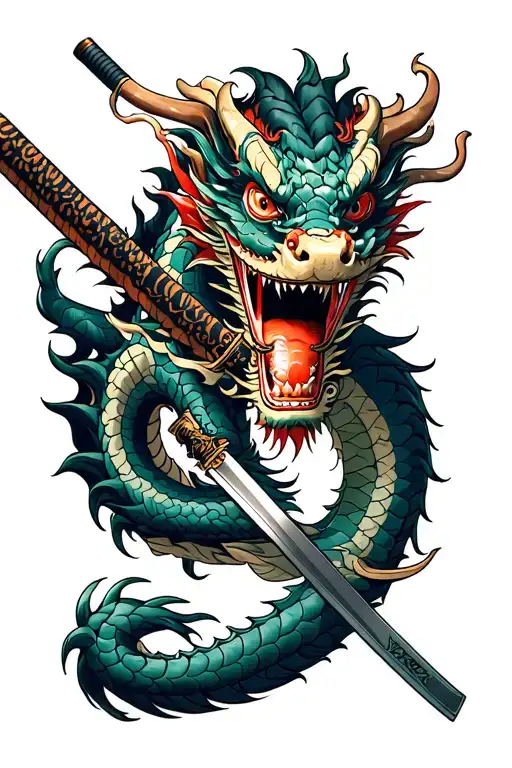 Dragon Wrapped Around Katana With Omni Mask