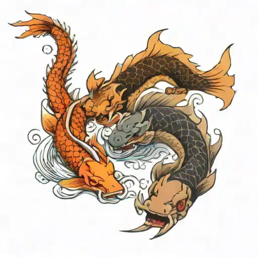 2 Dragons And A Koi Fish Swimming