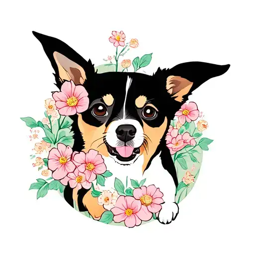 Dog And Flowers Blooming