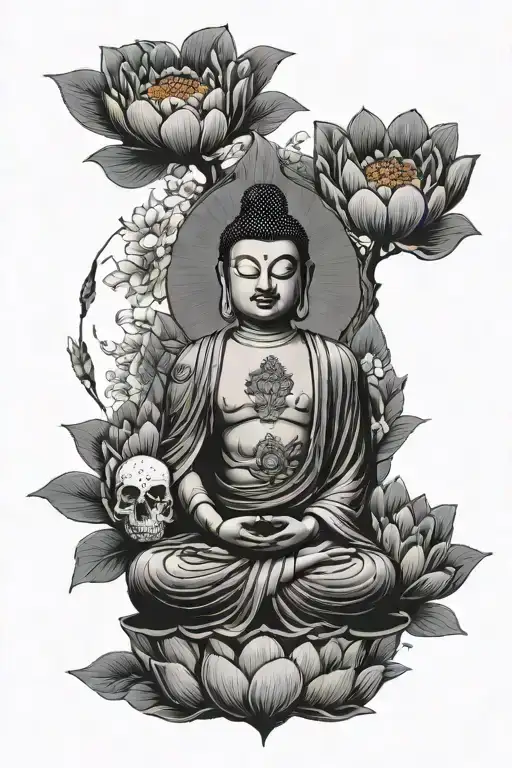 Buddha And Skulls And Lotus Flower