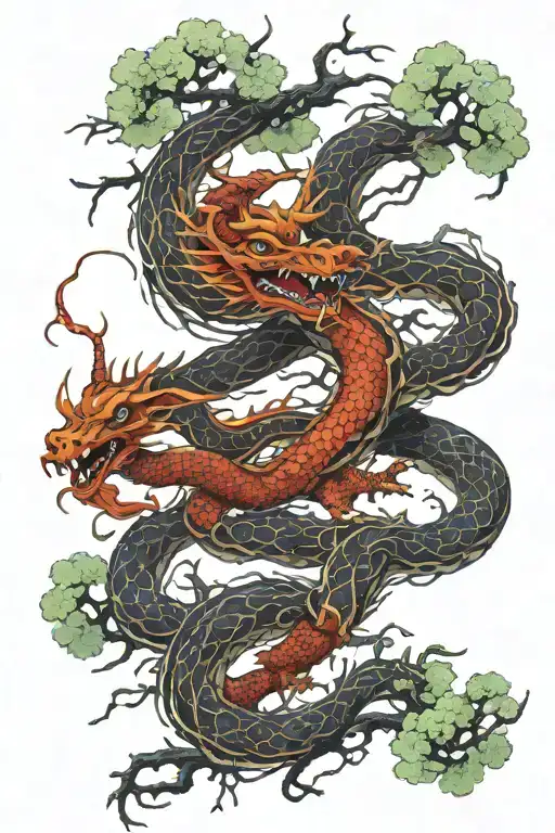 Ultra Realistisk Dragon Warped Aroun Cherry Tree Intertwined