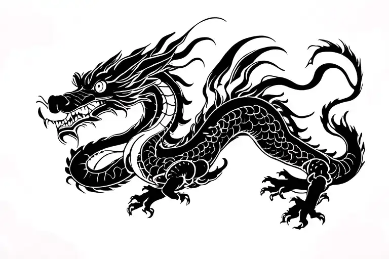 Black And White Japanese Dragon With Full Body Lenght