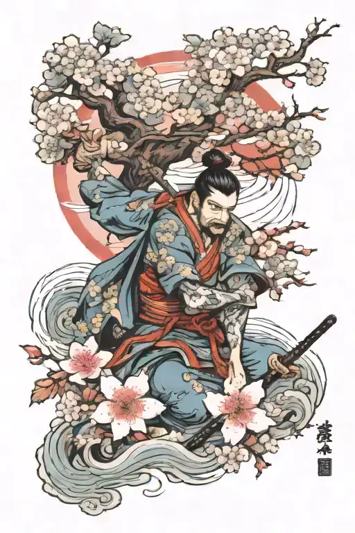 Japanese Samurai With Cherry Blossom Tree In Background